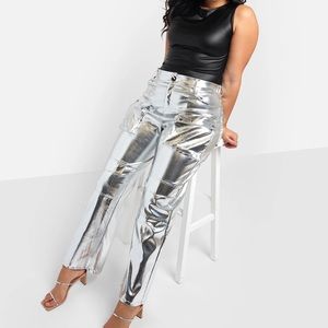 LENA METALLIC WIDE LEG CARGO PANTS - SILVER CROC